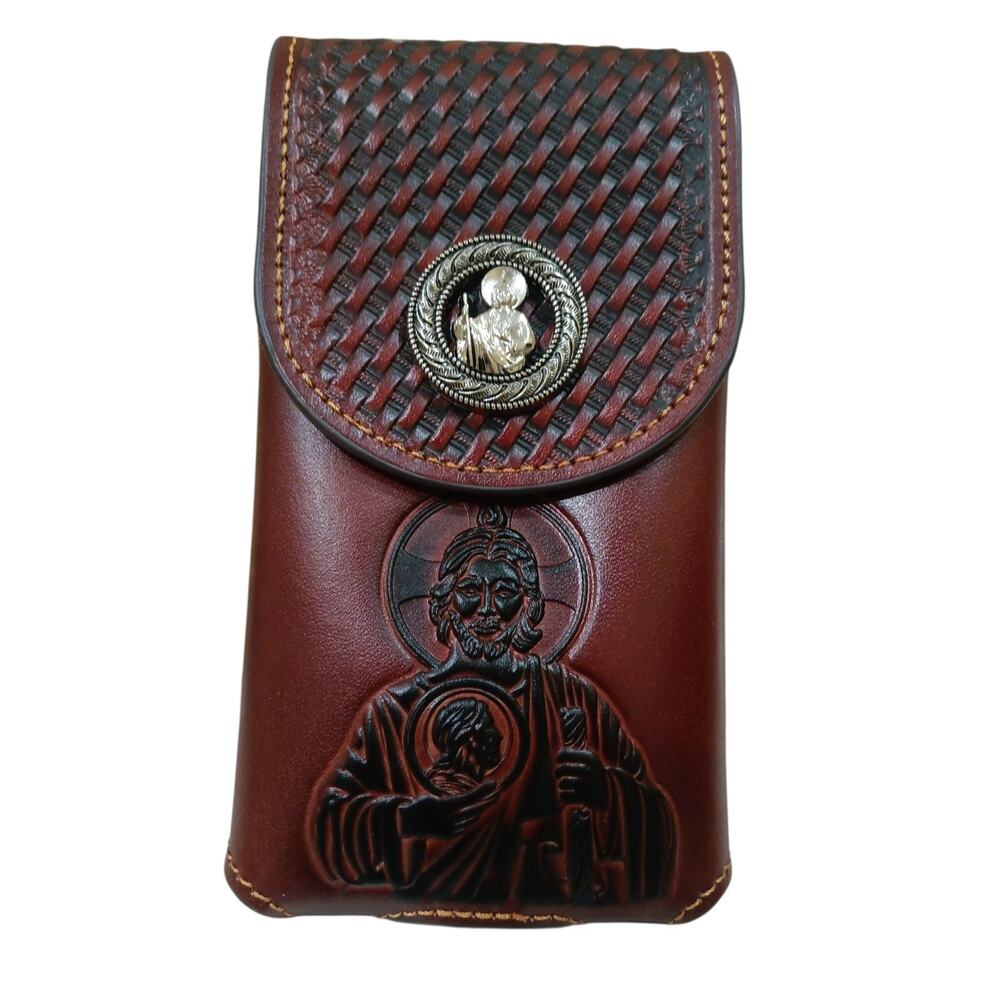 San Judas Cowboy Belt Loop Phone Holster Brown LARGE Genuine Leather Basketweav